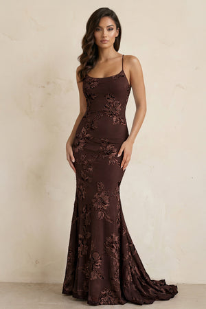KissProm-Brown Spaghetti Straps Mermaid Tulle Long Prom Dresses With Appliques