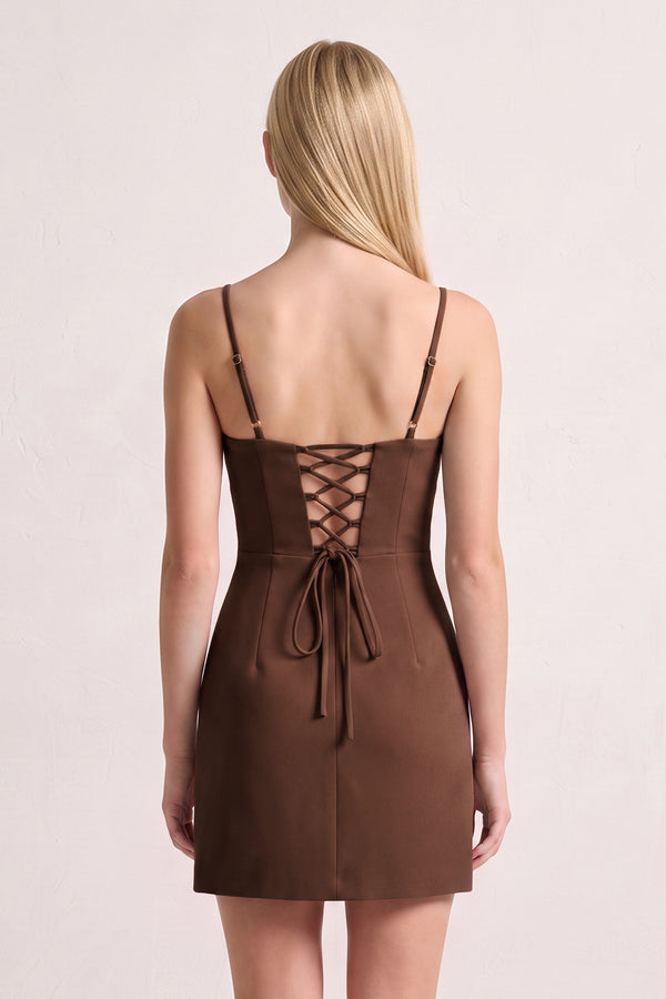 Brown Spaghetti Straps Sheath Satin Mini Homecoming Dress (2) | KISSPROM