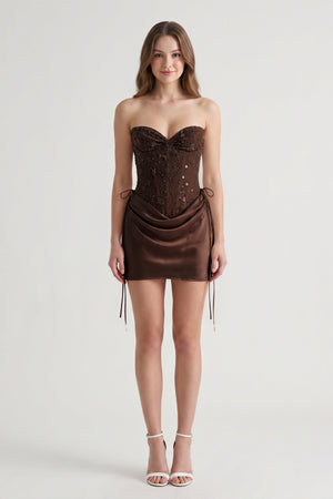 Brown Sweetheart Sheath Corset Ruched Satin Homecoming Dress with Beading | KISSPROM