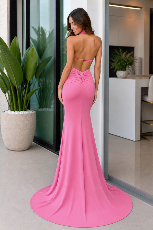 KissProm-Bruce Pink Halter Rosette Mermaid Long Formal Dress with Slit 