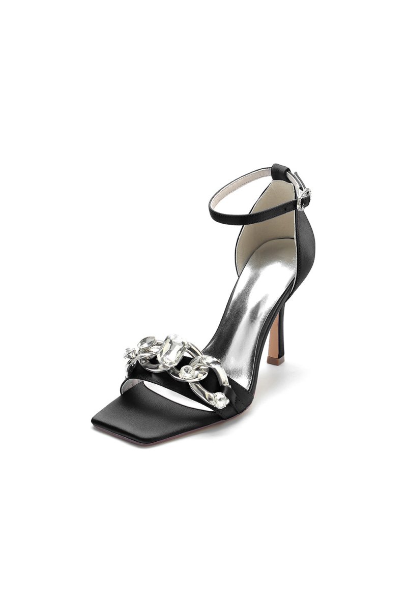 Buckle Strap Chain Square Open Toe Chunky Heels - KissProm