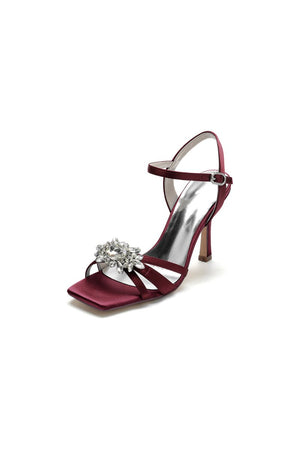 Buckle Strap Crystal Flowers Square Open Toe Chunky Heels - KissProm