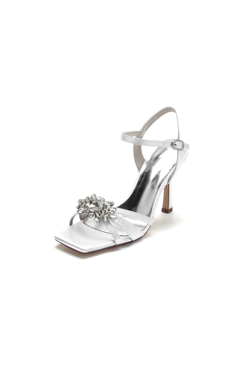 Buckle Strap Crystal Flowers Square Open Toe Chunky Heels - KissProm