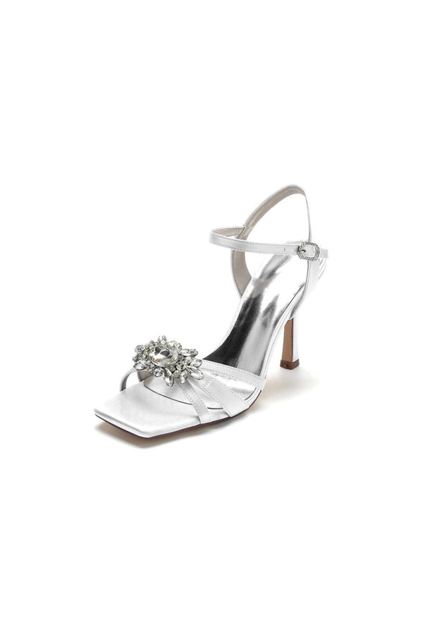 Buckle Strap Crystal Flowers Square Open Toe Chunky Heels - KissProm