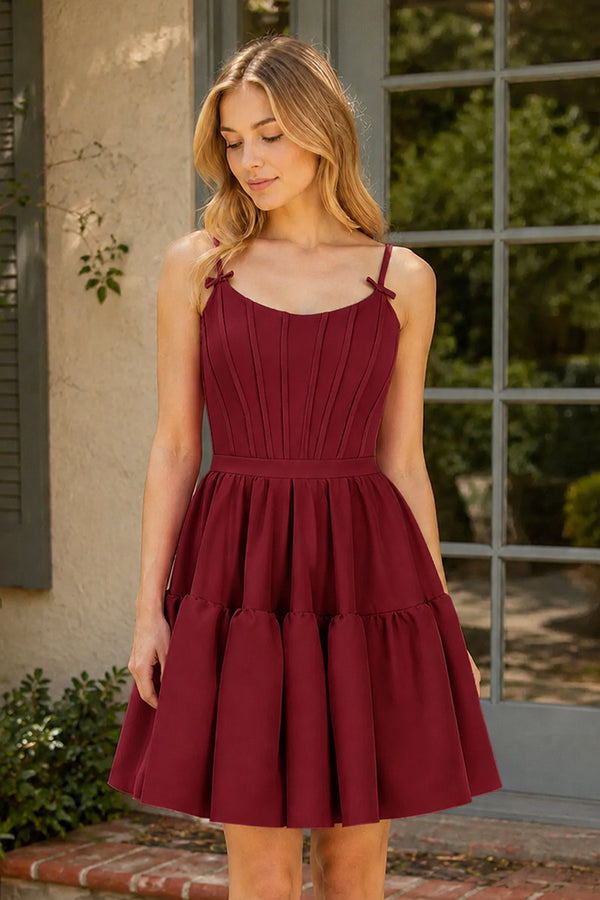 Burgundy A-line Ruffled Lace-Up Homecoming Dress | KISSPROM