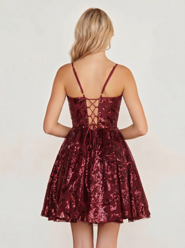 Burgundy A-line Spaghetti Straps V Neck Lace Homecoming Dress | KISSPROM