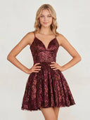 Burgundy A-line Spaghetti Straps V Neck Lace Homecoming Dress | KISSPROM