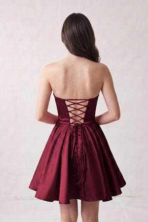 Burgundy A Line Strapless Satin Homecoming Dress (2) | KISSPROM