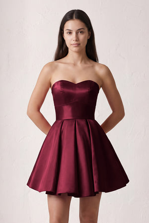 Burgundy A Line Strapless Satin Homecoming Dress | KISSPROM
