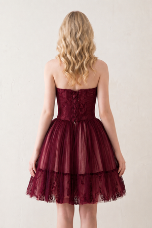 Burgundy A line Strapless Tulle Homecoming Dress (2) | KISSPROM