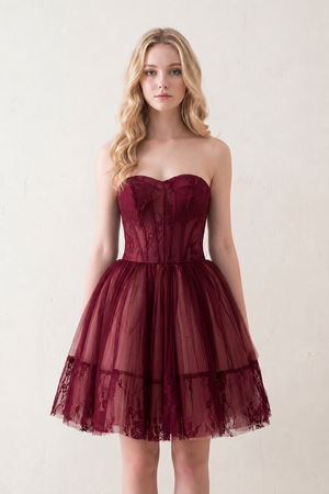 Burgundy A line Strapless Tulle Homecoming Dress | KISSPROM