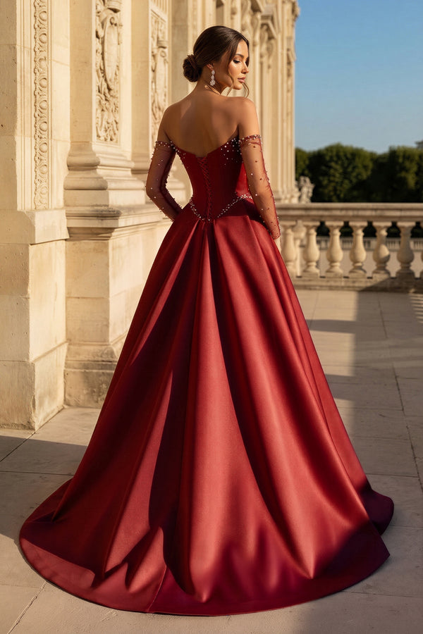 Burgundy A-Line Sweetheart Satin Corset Long Formal Dress with Slit (2) | KISSPROM