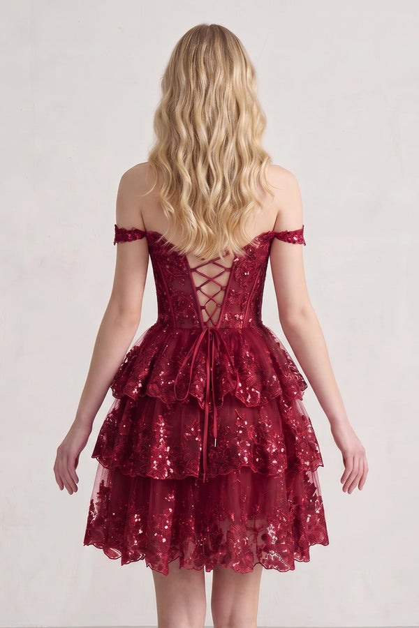 Burgundy A-Line Sweetheart Tiered Short Homecoming Dresses (2) | KISSPROM