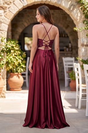Burgundy A-Line V-Neck Satin Prom Dress with Slit (2) | KISSPROM