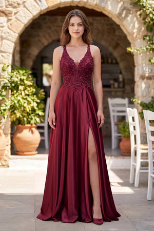 Burgundy A-Line V-Neck Satin Prom Dress with Slit | KISSPROM