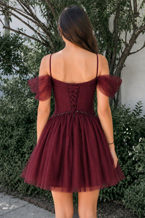 Burgundy A-line V Neck Tulle Homecoming Dresses | KISSPROM