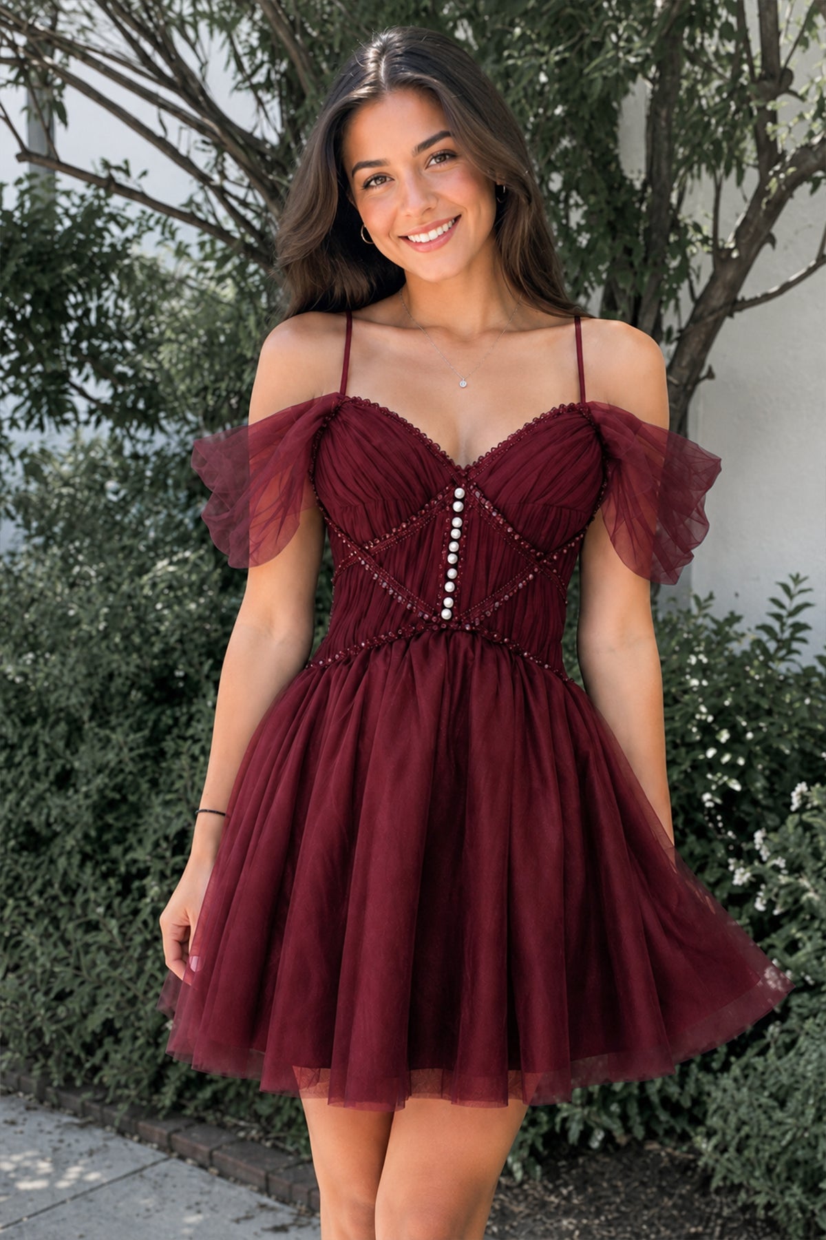 Samara Short A line Navy Spaghetti Straps V Neck Tulle Homecoming Dresses
