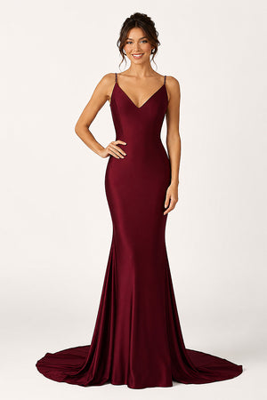 Navy Blue Beaded V-Neck Backless Mermaid Long Prom Dress - KissProm
