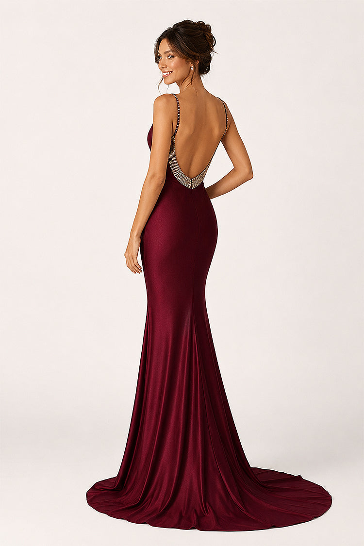 KissProm Navy Blue Beaded V-Neck Backless Mermaid Long Prom Dress, Navy Blue / 0