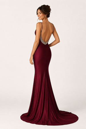 Navy Blue Beaded V-Neck Backless Mermaid Long Prom Dress - KissProm