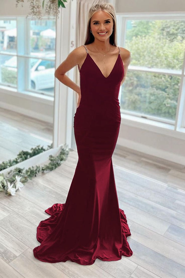 Burgundy Beaded V-Neck Backless Mermaid Long Prom Dress -KissProm