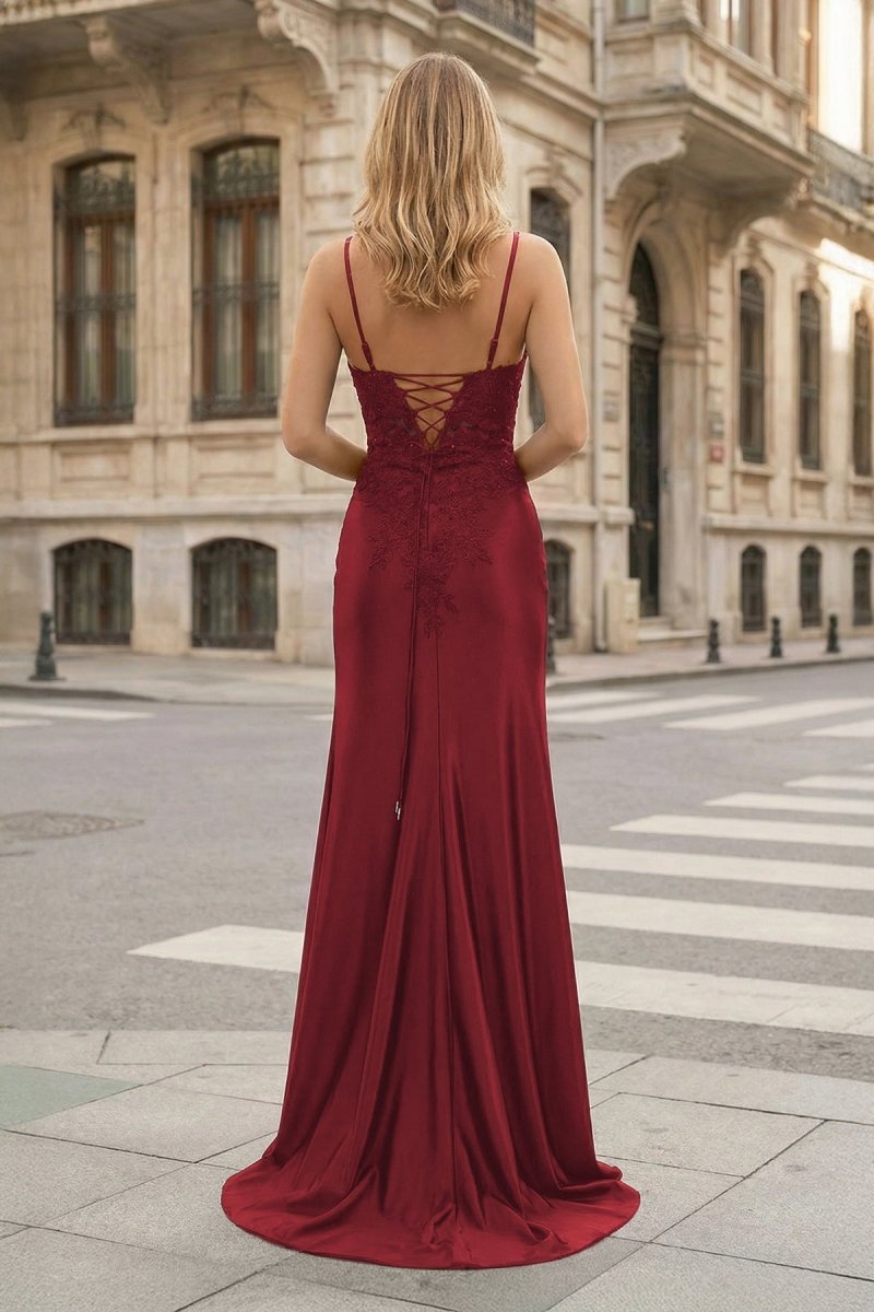 KissProm Sheath Spaghetti Straps Black Satin Long Prom Dresses with Lace Appliques, Black / 18