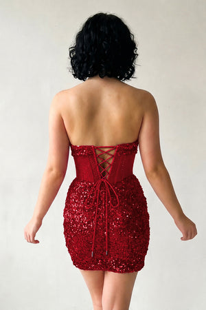 Burgundy Bodycon Sparkly Strapless Sequins Mini Party Dresses | KISSPROM