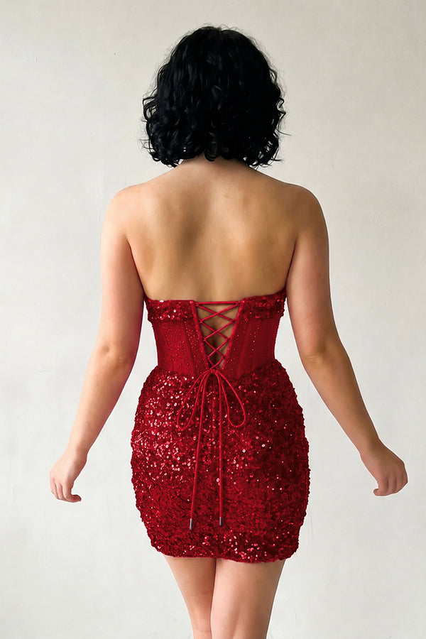 Burgundy Bodycon Sparkly Strapless Sequins Mini Party Dresses | KISSPROM