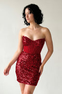 Burgundy Bodycon Sparkly Strapless Sequins Mini Party Dresses | KISSPROM