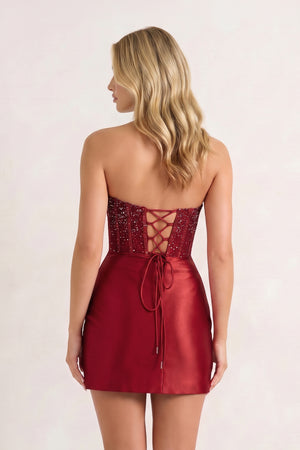 Burgundy Bodycon Strapless Satin Corset Homecoming Dress with Beads (2) | KISSPROM