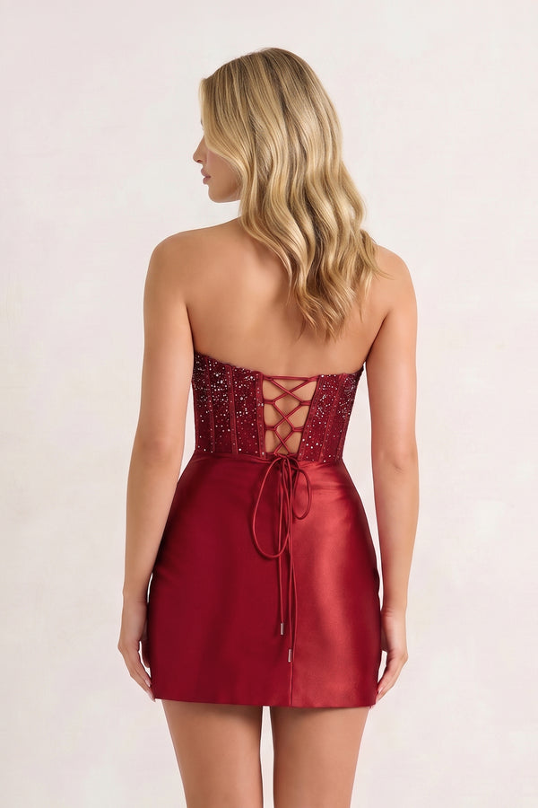 Burgundy Bodycon Strapless Satin Corset Homecoming Dress with Beads (2) | KISSPROM