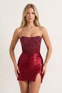 Burgundy Bodycon Strapless Satin Corset Homecoming Dress with Beads | KISSPROM