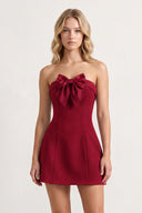 Burgundy Bowknot Strapless Sheath Satin Homecoming Dress | KISSPROM