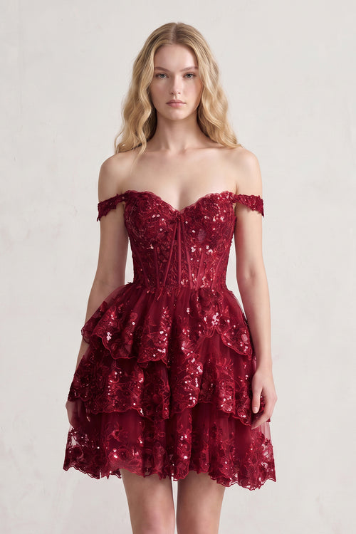 Burgundy Burgundy - A-Line Sweetheart Tiered Short Homecoming & Cocktail Dresses | KISSPROM
