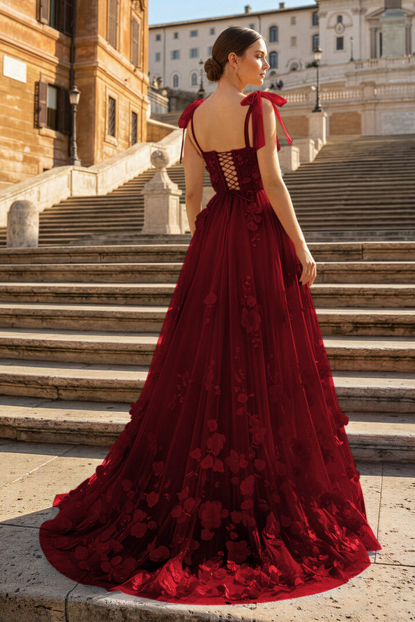 KissProm-Burgundy Scarlet Tulle A-line 3D Flower Long Prom Dress With Slit