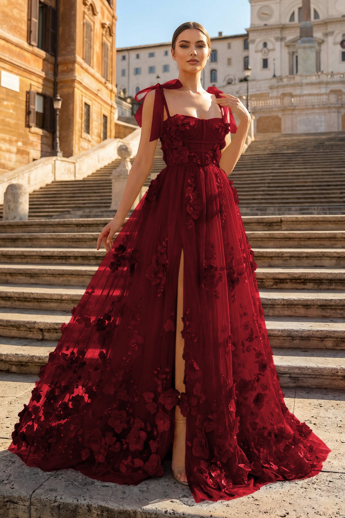 Scarlet Tulle A-Line 3D Flower Long Prom Dress with Slit Red / 6 Scarlet Tulle A-Line 3D Flower Long Prom Dress with Slit Red / 6