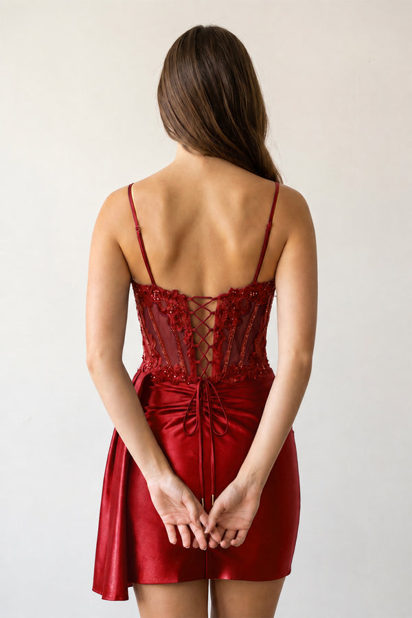 Burgundy Cami Straps Sheath Satin Corset Appliqued Homecoming Dress - KISSPROM