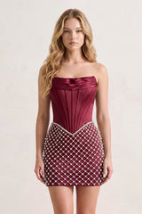 Burgundy Corset Strapless Sheath Satin Mini Party Dress With Pearl | KISSPROM