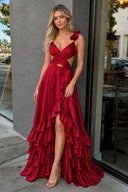 Burgundy Cutout Ruffle A-Line Long Prom Dress with Slit - KissProm 