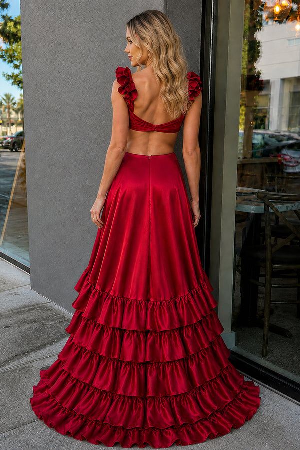 Burgundy Cutout Ruffle A-Line Long Prom Dress with Slit - KissProm 