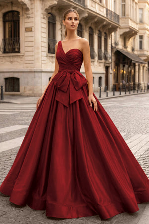 KissProm-Burgundy One Shoulder Satin A Line Prom Dress With Bow