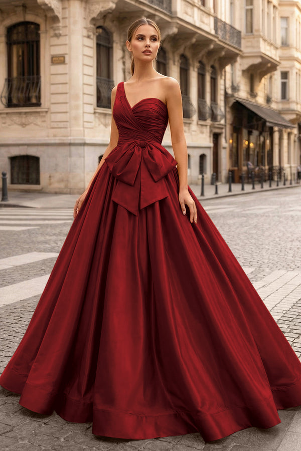 KissProm-Burgundy One Shoulder Satin A Line Prom Dress With Bow