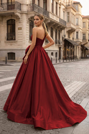 KissProm-Burgundy One Shoulder Satin A Line Prom Dress With Bow
