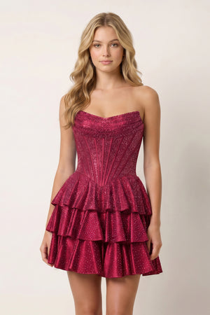 Burgundy Glitter Beaded A-Line Ruffled Corset Satin Homecoming Dress - KISSPROM