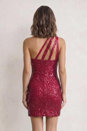 Burgundy Sheath One Shoulder Sequins Mini Party Dresses - KISSPROM