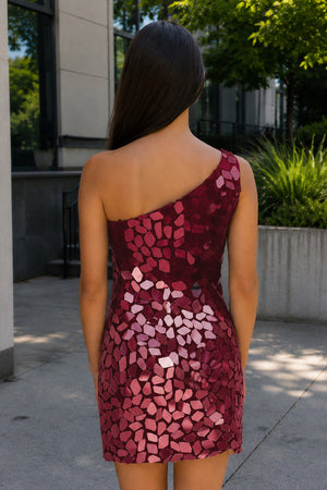 Burgundy Gradient Cut Glass Mirror One-Shoulder Mini Homecoming Dresses (2) | KISSPROM