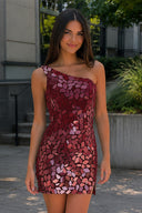 Burgundy Gradient Cut Glass Mirror One-Shoulder Mini Homecoming Dresses | KISSPROM