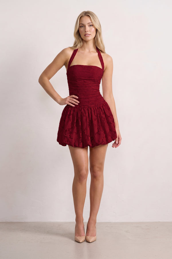 Burgundy Halter Jacquard Chiffon A-Line Homecoming Dress | KISSPROM