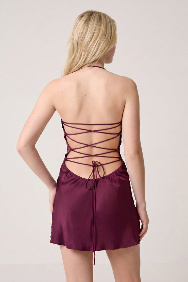 Burgundy Halter Satin Sheath Sequined Mini Homecoming Dress | KISSPROM