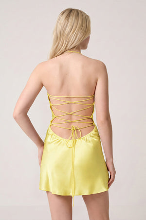 Lemon Halter Satin Sheath Sequined Mini Homecoming Dress | KISSPROM